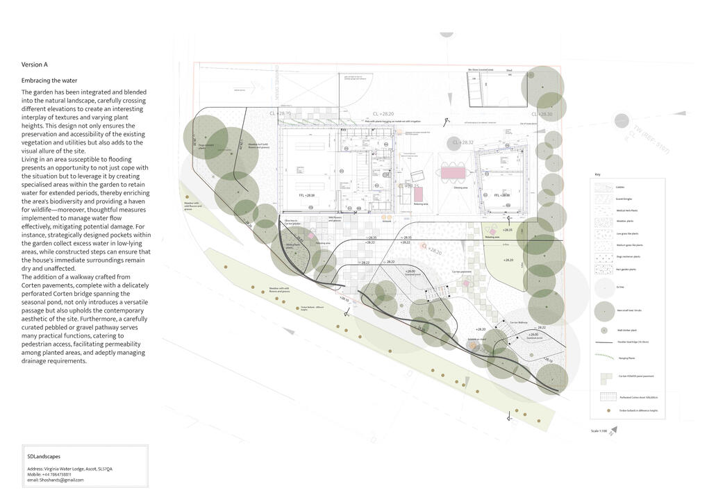 Master plan for the Marlow garden showing planting layout, water-retention zones, and Corten steel features designed to integrate architecture, ecology, and sustainable water flow. Landscape master plan of the completed Marlow garden project illustrating flood-resilient design, planting zones, and eco-landscaping strategy by SD Landscapes.